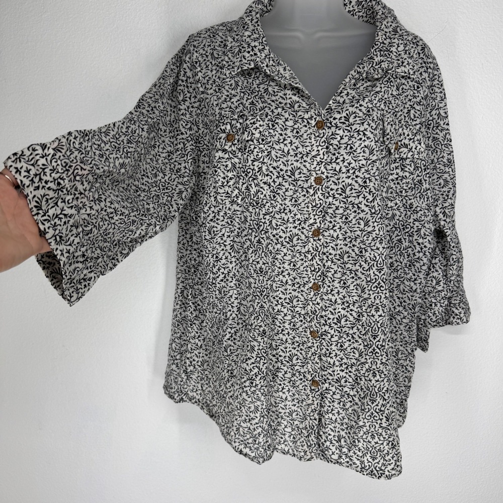 Croft Barrow Womens 3X Black White Floral Button Gauze 3/4 Sleeve Shirt Shirt